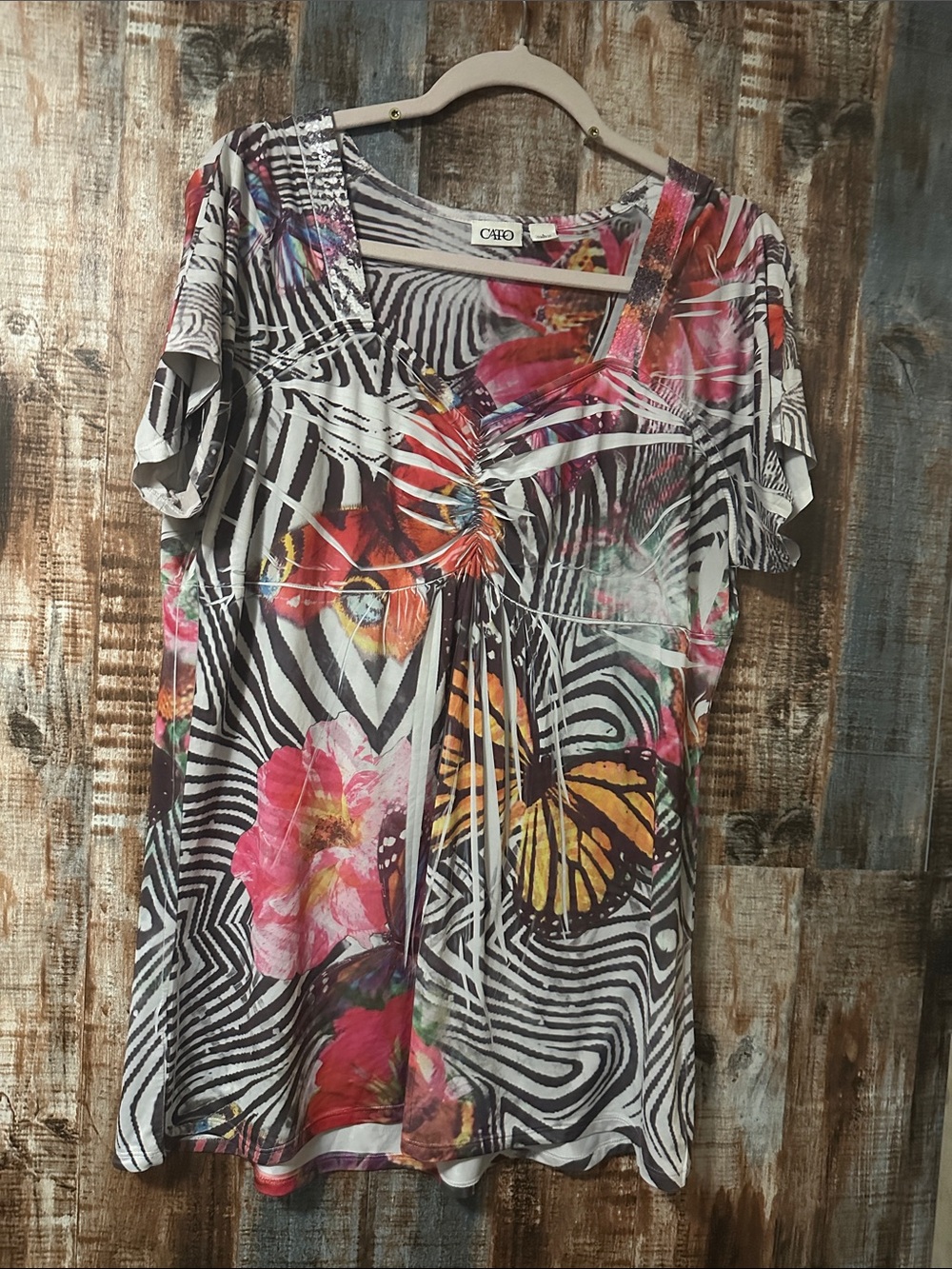 Cato Multicolor Floral & Zebra-Stripe V-Neck Tunic